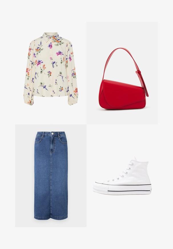 Blusa floral com mangas bufantes longas, base de creme claro, apresentando padrões florais em roxo, laranja e verde, e design de gola clássica.; Saia maxi de ganga em azul escuro, com corte reto, cintura com fecho de botão e detalhes de costura mínimos.; Sapatilha alta de tela branca com sola de borracha preta, bico de borracha na frente e seis ilhós para os atacadores, apresentando um design limpo e minimalista.; Bolsa de mão em couro vermelho com um design angular e geométrico. Apresenta uma única alça ajustável e um fecho com aba, com detalhes cosidos.