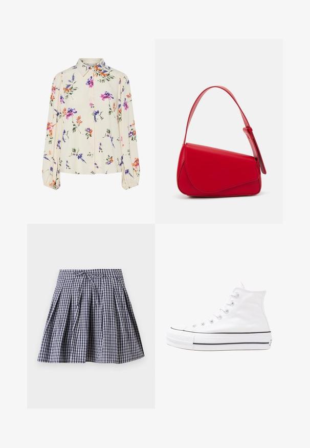 Floral blouse with long puff sleeves, light cream base, featuring purple, orange, and green floral patterns, and classic collar design.; Gingham-patterned skirt in navy and white, featuring pleats, a drawstring waist, and a flared shape. Made from lightweight fabric.; White high-top canvas sneaker with black rubber sole, front rubber toe cap, and six eyelets for laces, featuring a clean, minimalist design.; Red leather handbag with an angular, geometric design. Features a single adjustable strap and a flap closure with stitched detailing.
