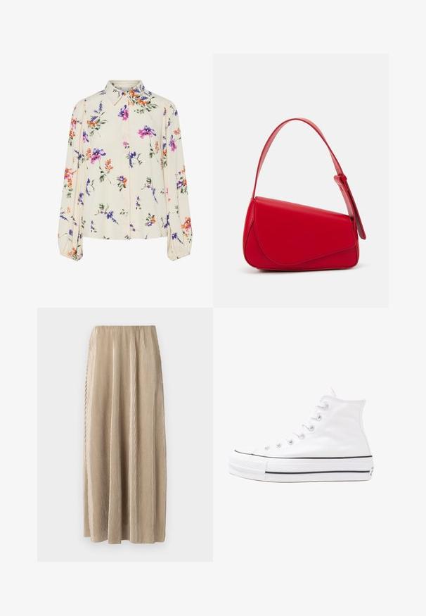 Cvjetna bluza s dugim napuhanim rukavima, svijetlo krem osnova, s ljubičastim, narančastim i zelenim cvjetnim uzorcima, te klasičnim dizajnom ovratnika.; Plisirana bež midi suknja s elastičnim pojasom, koja ima vertikalne pruge i lepršavi kroj za lakoću kretanja.; Bijela visoka platnena tenisica s crnom gumenom potplatom, prednjim gumenim zaštitnikom prstiju i šest rupa za vezanje, s čistim, minimalističkim dizajnom.; Crvena kožna torba s kutnim, geometrijskim dizajnom. Ima jedan podesivi remen i preklopni zatvarač sa šivenim detaljima.