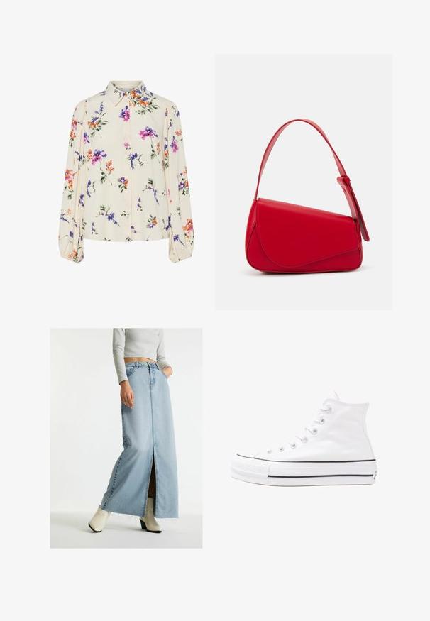 Lille kreemipehme lilleline pluus, millel on pikad puhvli varrukad, millel on lillad, oranžid ja rohelised lillemustrid ning klassikaline kaelus.; Heled sinise denimi maxi seelik, millel on esitasku, kõrge vöökoht ja pitsilise äärisega detail, kombineeritud valgete kontsaga ankle boots'ideks.; Valge kõrgem kangast tenniseking, millel on must kummist tald, ees kummist varvasetugi ja kuus aukku paelte jaoks, pakkudes puhta ja minimalistliku disaini.; Punane nahast käekott, millel on nurkadega geomeetriline disain. Omab ühte reguleeritavat rihma ja klappidega sulgemist, millel on õmblustega kaunistused.