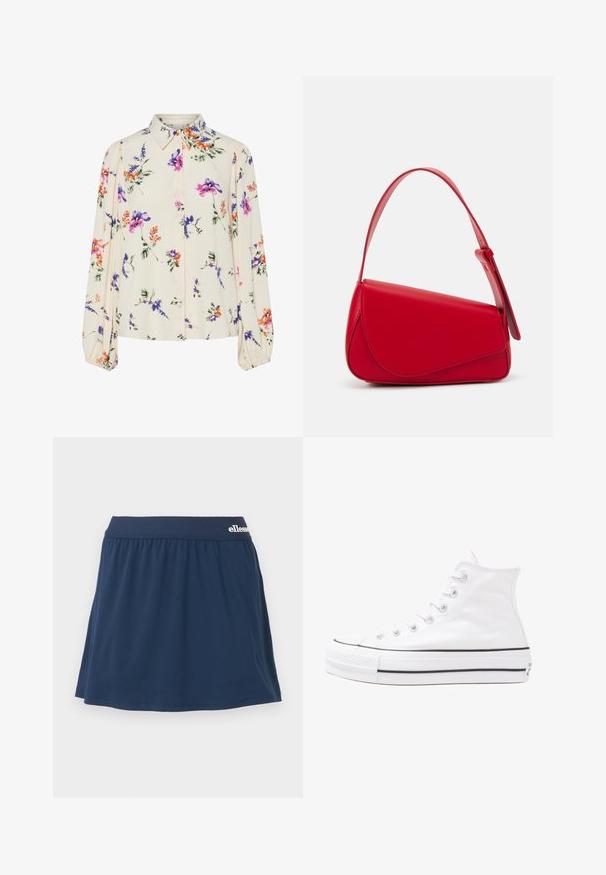 Gėlių bluzonas su ilgomis pūkuotomis rankovėmis, šviesiai kreminiu pagrindu, su violetiniais, oranžiniais ir žaliais gėlių raštais bei klasikiniu apykaklės dizainu.; Tamsiai mėlynas, minkštas audinio šortai su elastine juostele. Yra susiraukšlėjimo dizainas ir mažas logotipas ant juostos.; Balti aukštakulniai drobės sportbačiai su juodu guminio pado, priekinio guminio piršto dangteliu ir šešiais akytėmis raištams, pasižymintys švariu, minimalistiniu dizainu.; Raudona odinė rankinė su kampuota, geometrine forma. Pasižymi viena reguliuojama dirželiu ir dangteliu su siuvinėtais dekoracijomis.