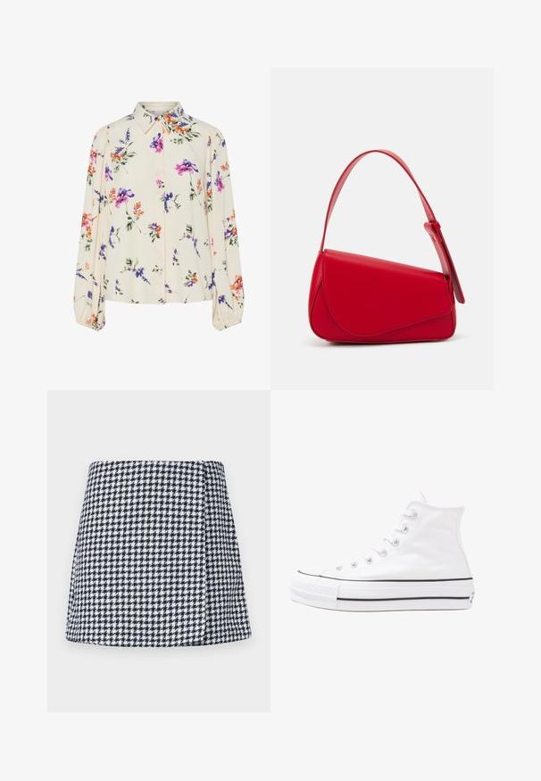 Blusa floreale con maniche puff lunghe, base di un chiaro crema, caratterizzata da motivi floreali in viola, arancione e verde, con un classico design del colletto.; Mini gonna a quadretti blu navy e bianchi, realizzata in tessuto texturizzato con forma svasata e zip laterale nascosta per la chiusura.; Sneaker alta in tela bianca con suola in gomma nera, punta in gomma frontale e sei asole per i lacci, caratterizzata da un design pulito e minimalista.; Borsa a tracolla in pelle rossa con un design angolare e geometrico. Presenta una singola tracolla regolabile e una chiusura a patta con dettagli cuciti.