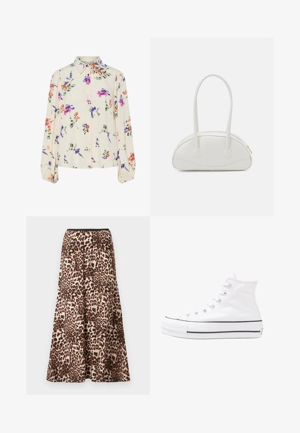 Kukkakuvioinen paita pitkillä puff-hihoilla, vaalean kerma pohja, jossa on violetteja, oransseja ja vihreitä kukkakuoseja sekä klassinen kaulustyyli.; Maxihame leopardkuvioissa, jossa on musta vyötärö, kelluva siluetti ja pehmeä kangas, jossa on vaihtelevia ruskean ja beigen sävyjä.; Valkoiset korkeavartiset kangaskengät mustalla kumipohjalla, edessä kuminen varvasosa ja kuusi nauha-aukkoa, puhtaan minimalistisella muotoilulla.; Even&Odd Käsilaukku - off-white