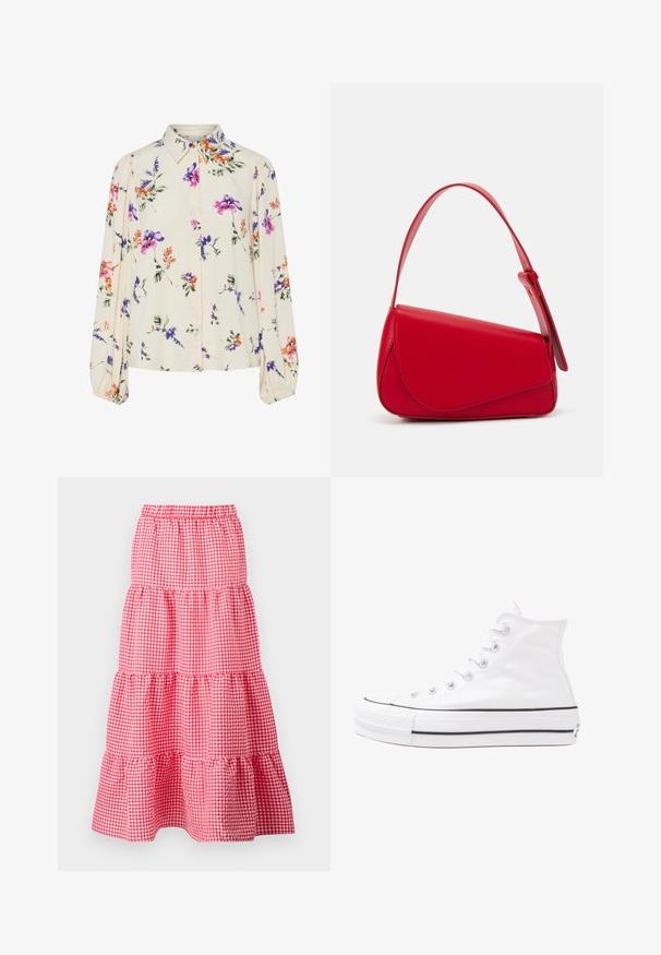 Blusa floral con mangas largas abullonadas, base color crema claro, con patrones florales en púrpura, naranja y verde, y diseño de cuello clásico.; Falda de cuadros vichy roja y blanca con un diseño de volantes en tres capas, cinturilla elástica y dobladillo con volantes. Material de algodón.; Zapatilla de lona alta blanca con suela de goma negra, puntera de goma frontal y seis ojetes para los cordones, que presenta un diseño limpio y minimalista.; Bolso de cuero rojo con un diseño angular y geométrico. Cuenta con una única correa ajustable y un cierre de solapa con detalles de costura.