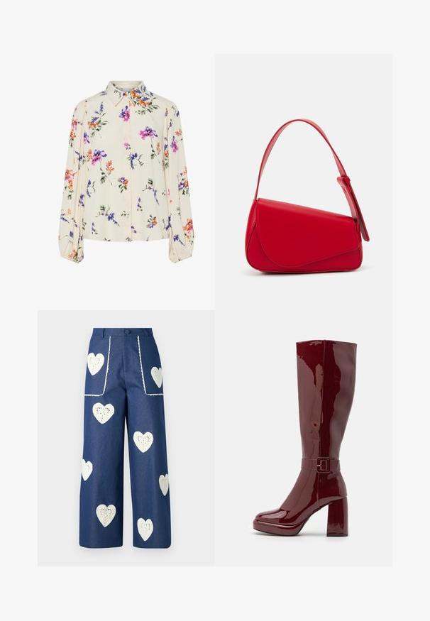 Floral blouse with long puff sleeves, light cream base, featuring purple, orange, and green floral patterns, and classic collar design.; Sister Jane HEART TO HEART - Straight leg jeans - blue denim; Even&Odd Wide Fit High heeled boots - red; Red leather handbag with an angular, geometric design. Features a single adjustable strap and a flap closure with stitched detailing.