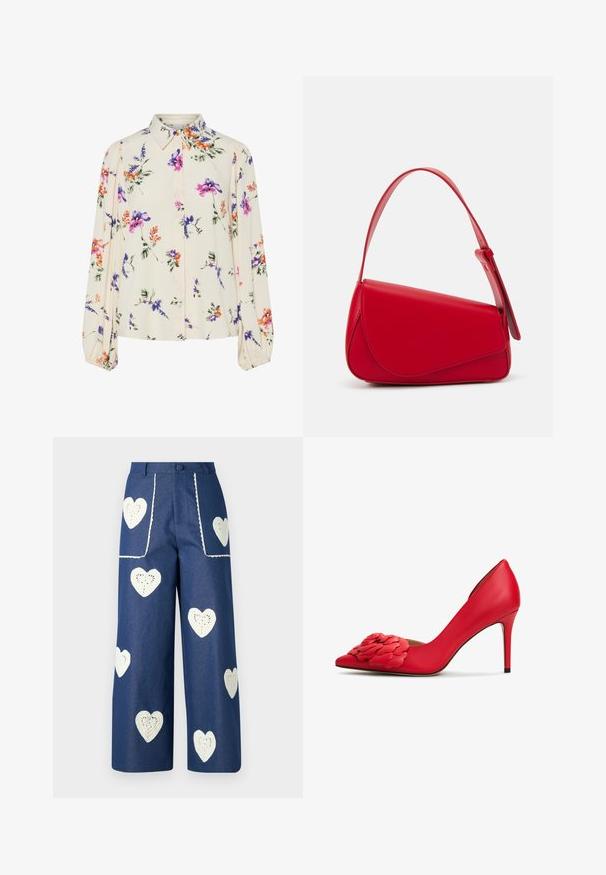 Květnatá blůza s dlouhými balónovými rukávy, světle krémové barvy, s fialovými, oranžovými a zelenými květinovými vzory a klasickým límečkem.; Sister Jane HEART TO HEART - Džíny Straight Fit - blue denim; Červená kožená vysoká bota na podpatku s špicatou špičkou a květinovou aplikací na špičce. Hladký povrch s vysokým podpatkem.; Červená kožená kabelka s ostrým, geometrickým designem. Má jeden nastavitelný popruh a klopu s prošívanými detaily.