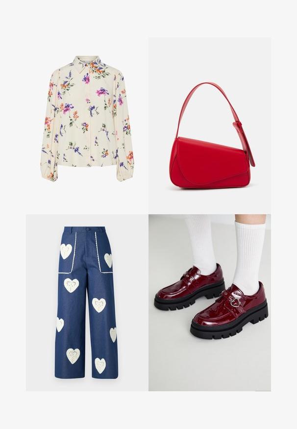 Ziedu blūze ar garām pūkām, gaiši krēmveida pamatne, ar purpursarkanām, oranžām un zaļām ziedu rakstiem, kā arī klasisko apkakles dizainu.; Sister Jane HEART TO HEART - Džinsi ar taisnām starām - blue denim; ēja šokolādes krāsas lakādas kurpes ar masīvu melnu zoli, divām siksnām ar sirds detaļu un rievotām baltām zeķēm. Retrosensācija ar biezu profilētu zoli.; Sarkans ādas rokassomi ar stūrainu, ģeometrisku dizainu. Iekļauj vienu regulējamu siksnu un vāku ar izšūtu detaļu.