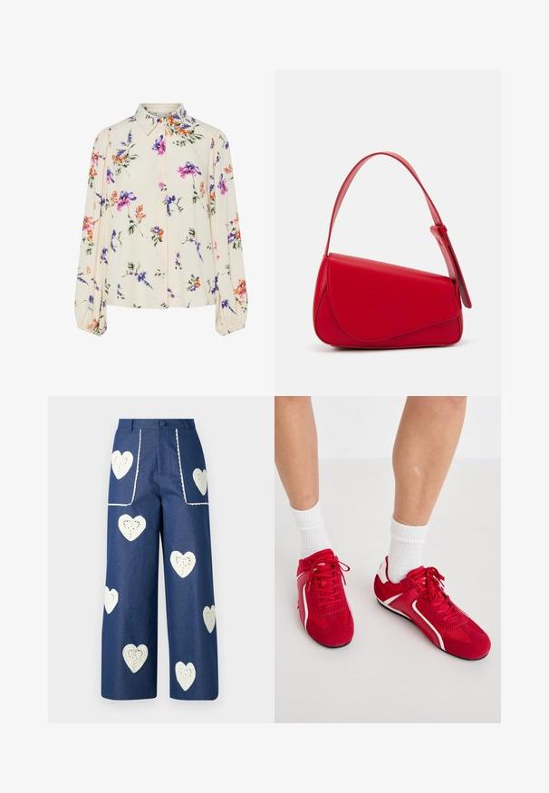 Lille kreemipehme lilleline pluus, millel on pikad puhvli varrukad, millel on lillad, oranžid ja rohelised lillemustrid ning klassikaline kaelus.; Sister Jane HEART TO HEART - Sirgete säärtega teksad - blue denim; Punased spordijalatsid valgete aksentidega, valmistatud nahast ja võrgust. Omavad nöörimiseks mõeldud disaini ja tekstuurseid taldu haardeks.; Punane nahast käekott, millel on nurkadega geomeetriline disain. Omab ühte reguleeritavat rihma ja klappidega sulgemist, millel on õmblustega kaunistused.