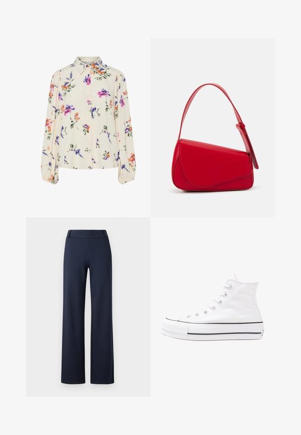 Gėlių bluzonas su ilgomis pūkuotomis rankovėmis, šviesiai kreminiu pagrindu, su violetiniais, oranžiniais ir žaliais gėlių raštais bei klasikiniu apykaklės dizainu.; Tamsiai mėlynos plačios kelnės pagamintos iš minkštos, elastingos medžiagos. Savybės: plokščias liemuo ir lygus paviršius; be matomų raštų ar detalių.; Balti aukštakulniai drobės sportbačiai su juodu guminio pado, priekinio guminio piršto dangteliu ir šešiais akytėmis raištams, pasižymintys švariu, minimalistiniu dizainu.; Raudona odinė rankinė su kampuota, geometrine forma. Pasižymi viena reguliuojama dirželiu ir dangteliu su siuvinėtais dekoracijomis.