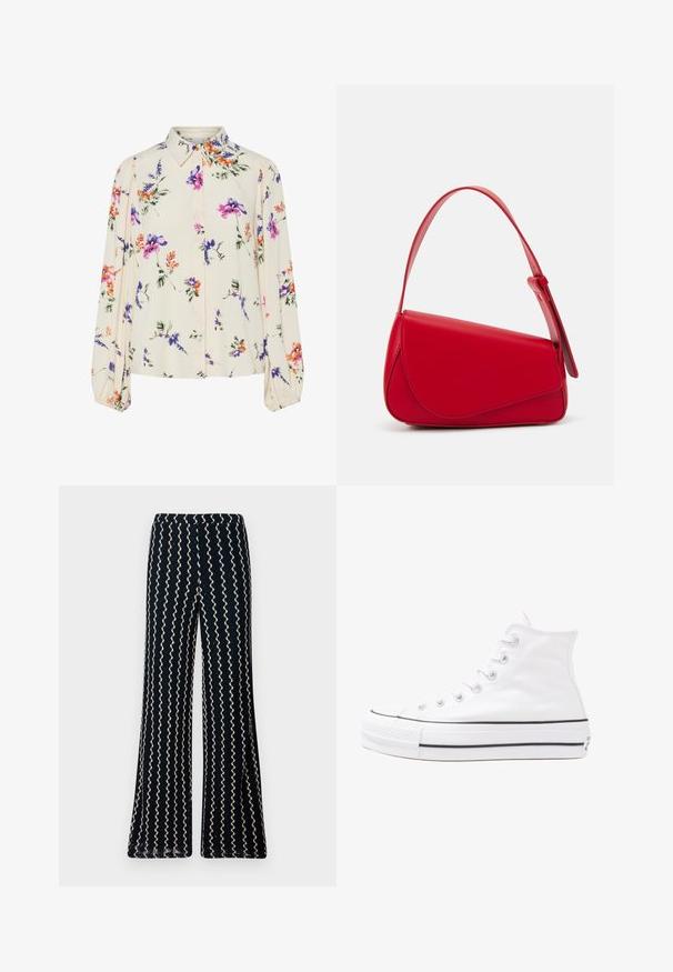 Λουλουδάτη μπλούζα με μακριά φουσκωτά μανίκια, σε απαλό κρέμ χρώμα, που διαθέτει μωβ, πορτοκαλί και πράσινα λουλουδάτα μοτίβα, καθώς και κλασικό σχέδιο γιακά.; Ναυτικές φαρδιές παντελόνες από υφασμάτινη ύφανση, με κυματιστές κρέμ περιθωριογραμμές που τρέχουν κάθετα, και άνετη ελαστική μέση.; Λευκό ψηλό καμβαδάκι αθλητικό παπούτσι με μαύρη καουτσούκ σόλα, πρόσθιο καουτσούκ καλύμματος δακτύλου και έξι οπές για κορδόνια, με μια καθαρή και μίνιμαλ σχεδίαση.; Κόκκινη δερμάτινη τσάντα χειρός με γωνιακό, γεωμετρικό σχέδιο. Διαθέτει έναν ρυθμιζόμενο ιμάντα και κλείσιμο με καπάκι που έχει ραφές.