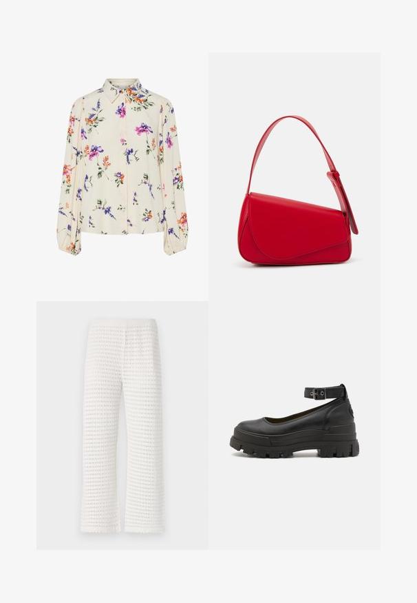 Cvetna bluzica z dolgimi puff rokavi, svetlo smetanaste barve, s purpurnimi, oranžnimi in zelenimi cvetličnimi vzorci ter klasičnim ovratnikom.; Bele teksturirane hlače z vafljastim vzorcem, ki imajo elastičen pas in širok kroj z valovitimi robovi.; Buffalo ASPHA - Čevlji s platformo in peto - black; Rdeča usnjena torba z angularnim, geometrijskim dizajnom. Ima en samostoječ nastavljiv ročaj in pokrov, zaprt z zapiranjem, ki je okrašen s šivi.