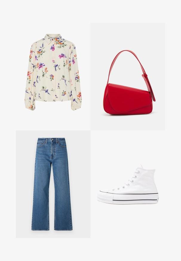 Cvjetna bluza s dugim napuhanim rukavima, svijetlo krem osnova, s ljubičastim, narančastim i zelenim cvjetnim uzorcima, te klasičnim dizajnom ovratnika.; Široke plave traperice s visokim strukom, s zatvaranjem na dugme, dizajnom s pet džepova i vidljivim šavovima.; Bijela visoka platnena tenisica s crnom gumenom potplatom, prednjim gumenim zaštitnikom prstiju i šest rupa za vezanje, s čistim, minimalističkim dizajnom.; Crvena kožna torba s kutnim, geometrijskim dizajnom. Ima jedan podesivi remen i preklopni zatvarač sa šivenim detaljima.