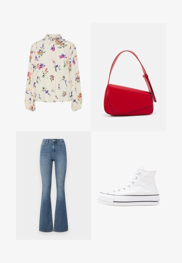 Floral blouse with long puff sleeves, light cream base, featuring purple, orange, and green floral patterns, and classic collar design.; High-waisted flared jeans in light blue denim. Features classic five-pocket design with subtle stitching and a slight stretch for comfort.; White high-top canvas sneaker with black rubber sole, front rubber toe cap, and six eyelets for laces, featuring a clean, minimalist design.; Red leather handbag with an angular, geometric design. Features a single adjustable strap and a flap closure with stitched detailing.