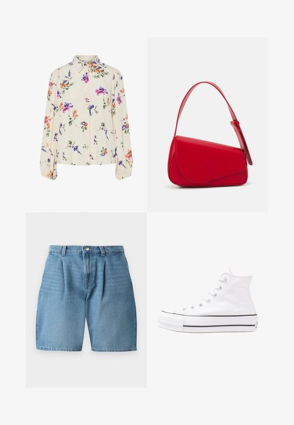 Cvetna bluzica z dolgimi puff rokavi, svetlo smetanaste barve, s purpurnimi, oranžnimi in zelenimi cvetličnimi vzorci ter klasičnim ovratnikom.; Svijetloplavi traper šorts s prednjim plisama, kopčanjem na gumb i klasičnim šavovima. Tkanina ima glatku teksturu i ravni kroj.; Beli visoki platneni športni čevelj z črnim gumijastim podplatom, sprednjim gumijastim zaščitnikom za prste in šestimi luknjicami za vezalke, ki se ponaša s preprostim, minimalističnim dizajnom.; Rdeča usnjena torba z angularnim, geometrijskim dizajnom. Ima en samostoječ nastavljiv ročaj in pokrov, zaprt z zapiranjem, ki je okrašen s šivi.