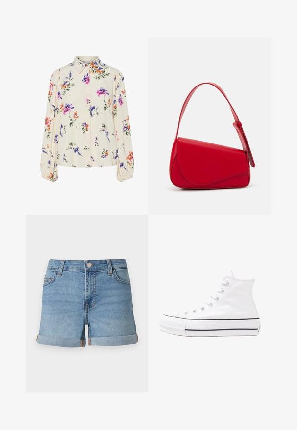 Kvetinová blúzka s dlhými puff rukávmi, svetlovo krémovej farby, so vzormi kvetov v purpurovej, oranžovej a zelenej farbe, a klasickým dizajnom goliera.; Svetlomodré deninové šortky s rolovanými spodnými okrajmi, zapínaním na prednom konci a dizajnom s piatimi vreckami, ktorý má kontrastné prešívanie.; Biele vysoké plátené tenisky s čiernou gumovou podošvou, prednou gumovou špičkou a šiestimi okami na šnúrky, s čistým, minimalistickým dizajnom.; Červená kožená kabelka s ostrým, geometrickým dizajnom. Má jeden nastaviteľný popruh a uzatváranie na klopu so šitím.