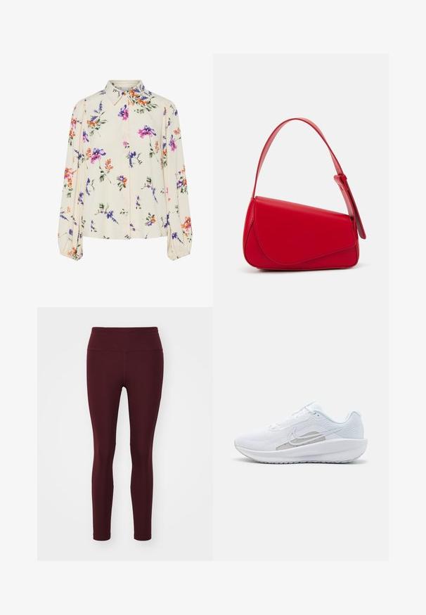 Bluză florală cu mâneci lungi și puff, bază de crem deschis, cu modele florale în nuanțe de violet, portocaliu și verde, și design cu guler clasic.; Leggings bordeaux din țesătură elastică cu talie înaltă, având o textură netedă și o siluetă ajustată, fără modele sau accente.; Pantof de atletism alb cu plasă superioară, vârf rotunjit și talpă texturată. Prezentă un logo Nike argintiu și un design minimalist.; Geantă de mână din piele roșie, cu un design unghiular și geometric. Dispune de o singură curea ajustabilă și un sistem de închidere cu clapetă, cu detalii cusute.