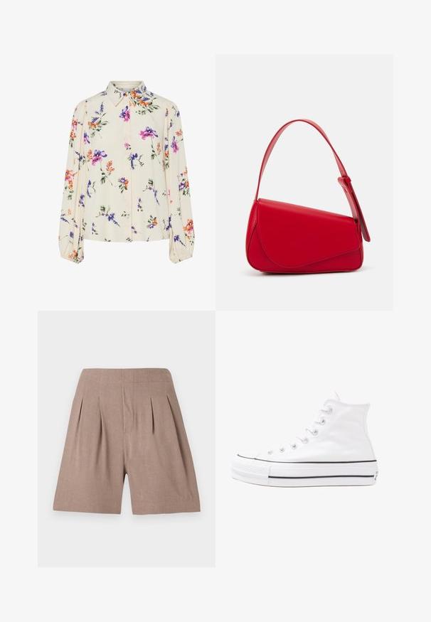 Kvetinová blúzka s dlhými puff rukávmi, svetlovo krémovej farby, so vzormi kvetov v purpurovej, oranžovej a zelenej farbe, a klasickým dizajnom goliera.; Hnedé skladané šortky vyrobené z ľahkého materiálu, s hladkou textúrou a prispôsobeným strihom, s čistým, minimalistickým dizajnom.; Biele vysoké plátené tenisky s čiernou gumovou podošvou, prednou gumovou špičkou a šiestimi okami na šnúrky, s čistým, minimalistickým dizajnom.; Červená kožená kabelka s ostrým, geometrickým dizajnom. Má jeden nastaviteľný popruh a uzatváranie na klopu so šitím.