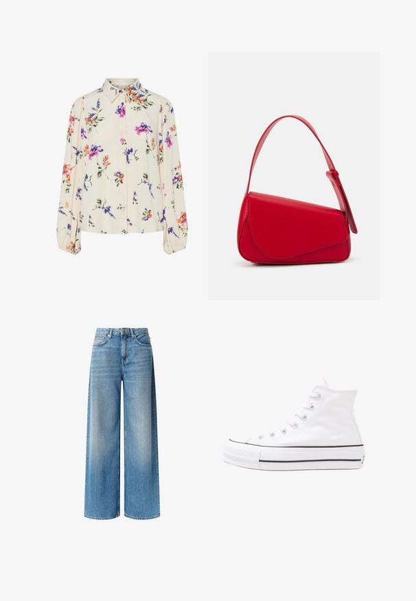 Gėlių bluzonas su ilgomis pūkuotomis rankovėmis, šviesiai kreminiu pagrindu, su violetiniais, oranžiniais ir žaliais gėlių raštais bei klasikiniu apykaklės dizainu.; Plati kojinės mėlynos džinsinės kelnės su šviesiai plačiu skalbimu, aukštu liemeniu, priekinėmis kišenėmis ir subtilia išblukimo efektu palei kojas. Užsegamos mygtuku.; Balti aukštakulniai drobės sportbačiai su juodu guminio pado, priekinio guminio piršto dangteliu ir šešiais akytėmis raištams, pasižymintys švariu, minimalistiniu dizainu.; Raudona odinė rankinė su kampuota, geometrine forma. Pasižymi viena reguliuojama dirželiu ir dangteliu su siuvinėtais dekoracijomis.