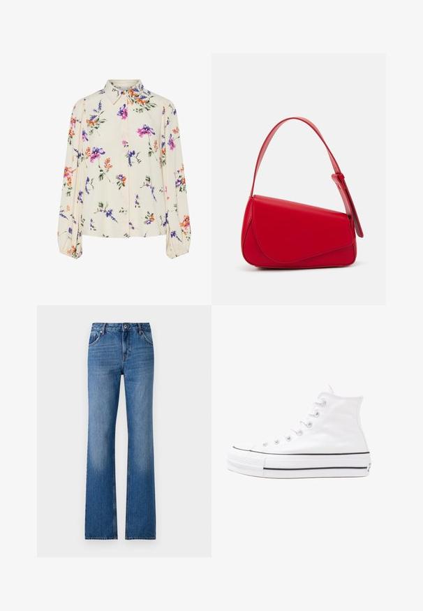 Cvjetna bluza s dugim napuhanim rukavima, svijetlo krem osnova, s ljubičastim, narančastim i zelenim cvjetnim uzorcima, te klasičnim dizajnom ovratnika.; Svijetloplave traperice sa širom nogavicom, s dizajnom s pet džepova, zatvaranjem na dugme i lagano izblijeđenom teksturom. Karakterističan široki otvor nogavice.; Bijela visoka platnena tenisica s crnom gumenom potplatom, prednjim gumenim zaštitnikom prstiju i šest rupa za vezanje, s čistim, minimalističkim dizajnom.; Crvena kožna torba s kutnim, geometrijskim dizajnom. Ima jedan podesivi remen i preklopni zatvarač sa šivenim detaljima.