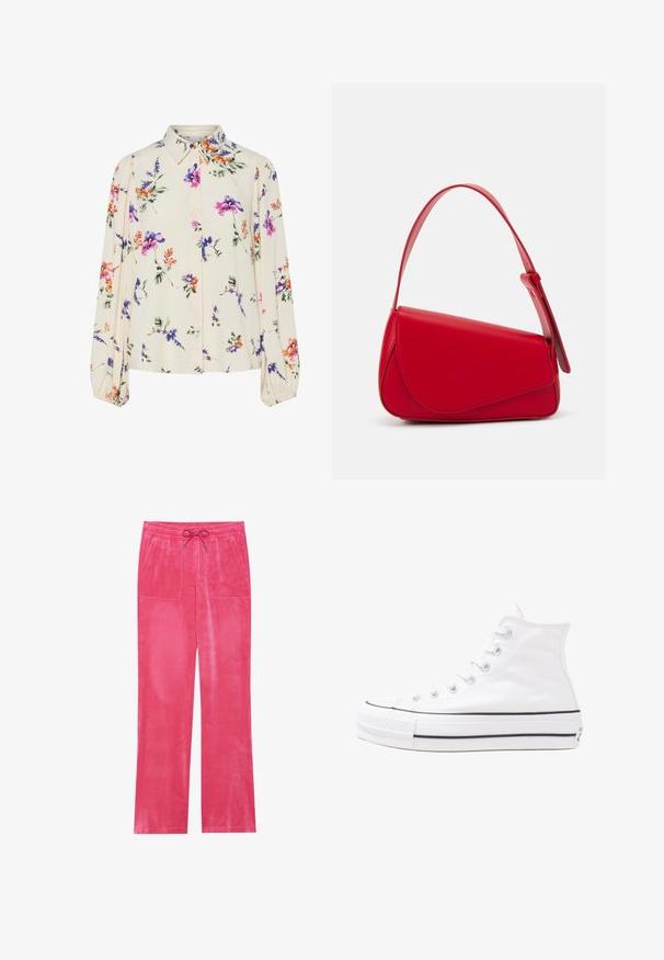 Bloes met bloemenprint en lange pofmouwen, lichte crème basis, met paarse, oranje en groene bloemmotieven, en een klassiek kraagontwerp.; Roze fluwelen broek met een trekkoord in de taille, twee voorzakken, een breed model en een gladde textuur.; Witte high-top canvas sneakers met een zwarte rubberen zool, een rubberen neuskap aan de voorkant en zes gaatjes voor veters, met een schone, minimalistische uitstraling.; Rode leren handtas met een hoekig, geometrisch ontwerp. Beschikt over een enkele verstelbare schouderriem en een klepclosure met gestikte details.