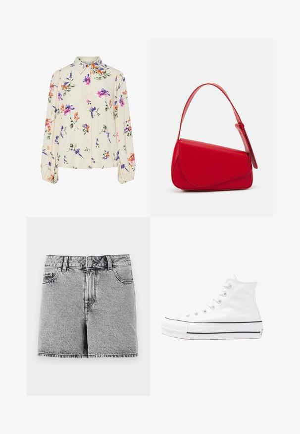 Virágmintás blúz hosszú puffos ujjakkal, világos krém alapon, lila, narancs és zöld virágmintázattal, klasszikus gallér dizájnnal.; Fekete és szürke farmer rövidnadrág magas derékkal, öt zsebes kialakítással és rojtos szegéllyel. Lezser textúrájú, fém gombos záródással.; Fehér magaskorsó vászon sportcipő fekete gumi talppal, elülső gumi orrnyereggel és hat fűzőlyukkal, letisztult, minimalista dizájnnal.; Piros bőr kézitáska szögletes, geometrikus kialakítással. Egy állítható pánttal és varrott részletekkel ellátott fedélzárral rendelkezik.