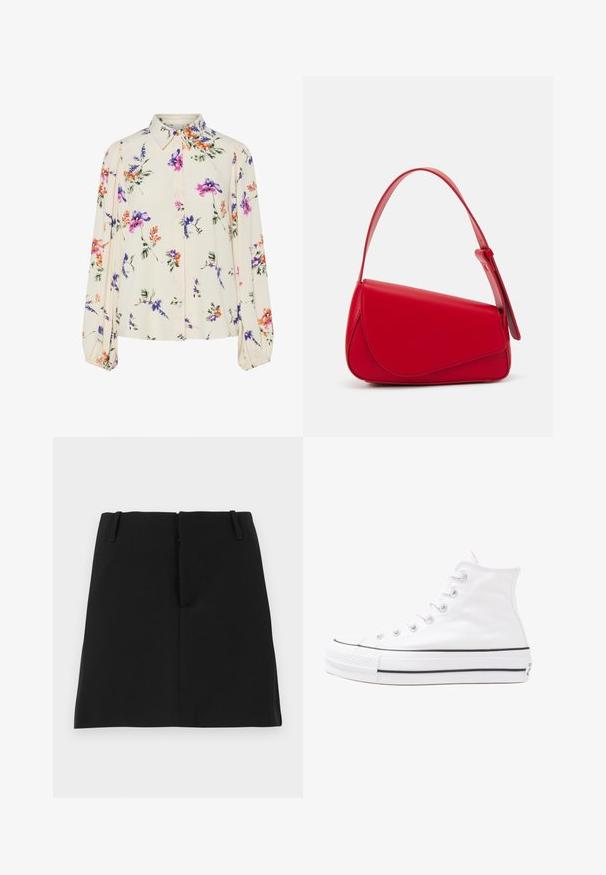 Ziedu blūze ar garām pūkām, gaiši krēmveida pamatne, ar purpursarkanām, oranžām un zaļām ziedu rakstiem, kā arī klasisko apkakles dizainu.; Melna mini svārku, ar pieguļošu dizainu, kurā ir divas priekšējās kabatas un taisna mala. Izgatavota no gludas auduma, bez redzamām rakstainām.; Balti augstie kanvas sporta apavi ar melnu gumijas zoli, priekšējo gumijas purngalu un sešām acīm lencēm, kuriem ir tīrs, minimālistisks dizains.; Sarkans ādas rokassomi ar stūrainu, ģeometrisku dizainu. Iekļauj vienu regulējamu siksnu un vāku ar izšūtu detaļu.