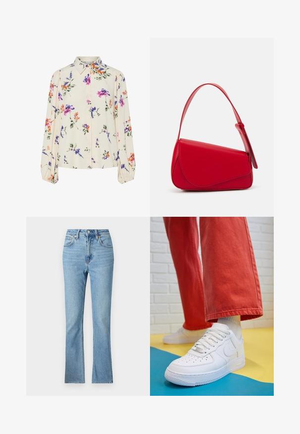 Blusa floral com mangas bufantes longas, base de creme claro, apresentando padrões florais em roxo, laranja e verde, e design de gola clássica.; Jeans de denim num tom azul claro com um corte alto na cintura, design com pernas largas e estilo clássico de cinco bolsos. Inclui passantes para cinto e costura visível.; Sapatilha de couro branca com biqueira perfurada, sola texturizada e atacadores brancos, combinada com calças largas vermelhas e um fundo azul e amarelo.; Bolsa de mão em couro vermelho com um design angular e geométrico. Apresenta uma única alça ajustável e um fecho com aba, com detalhes cosidos.