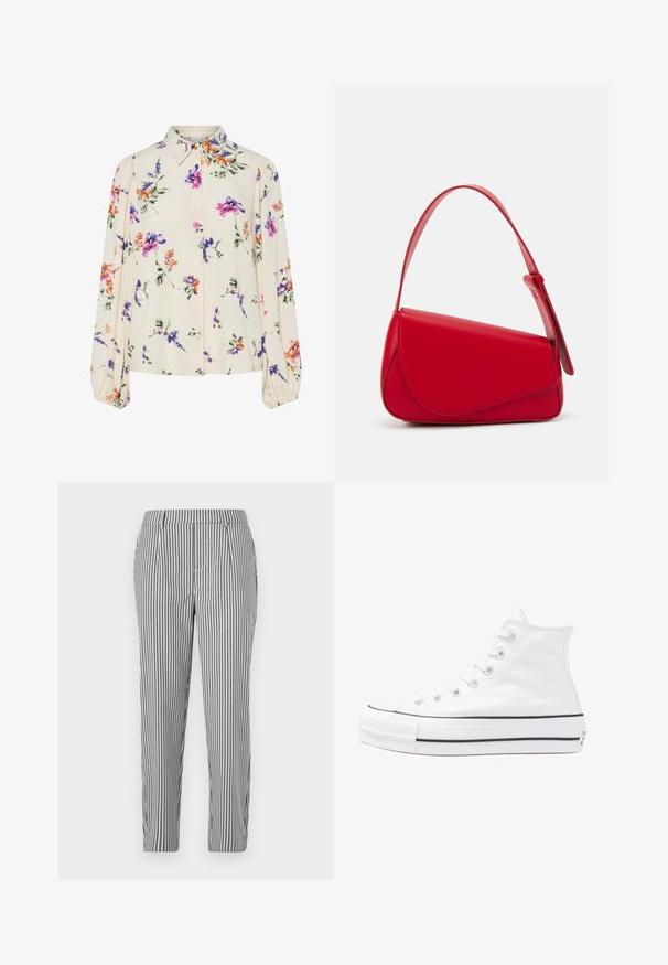 Květnatá blůza s dlouhými balónovými rukávy, světle krémové barvy, s fialovými, oranžovými a zelenými květinovými vzory a klasickým límečkem.; Pruhované kalhoty v šedé a bílé barvě, s upraveným střihem, sklady a hladkým povrchem. Žádné viditelné kapsy ani zdobení.; Bílé vysoké plátěné tenisky s černou gumovou podrážkou, přední gumovou špičkou a šesti očky na tkaničky, se čistým, minimalistickým designem.; Červená kožená kabelka s ostrým, geometrickým designem. Má jeden nastavitelný popruh a klopu s prošívanými detaily.