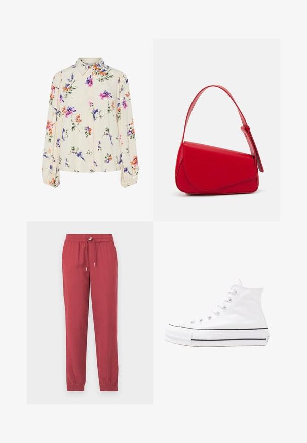 Blomsterbluse med lange puffærmer, lys cremefarvet base, prydet med lilla, orange og grønne blomster mønstre samt klassisk krave design.; Røde, letvægts, tapered bukser med elastisk talje og snøre. Har anklerib og en glat tekstur.; Hvide høje kanvas sneakers med sort gummisål, gummitåhætte foran og seks øjehuller til snørebånd, der har et rent, minimalistisk design.; Rød læderhåndtaske med et kantet, geometrisk design. Har en enkelt justerbar rem og en klaplukning med syede detaljer.