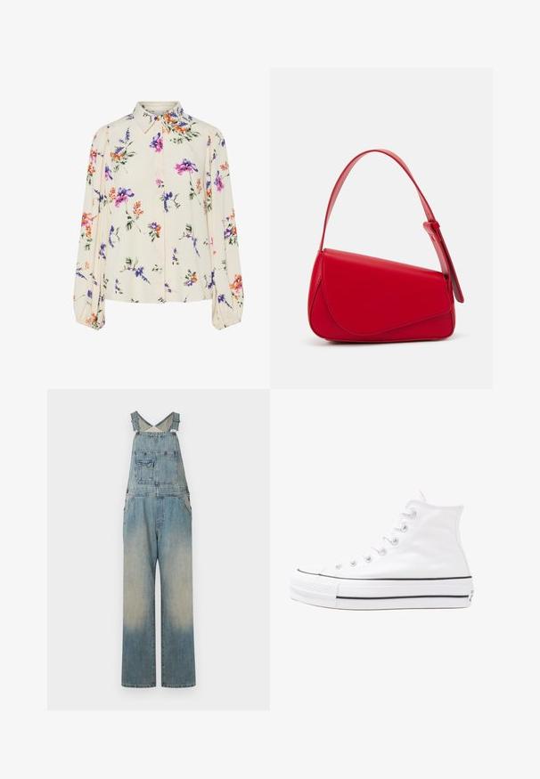 Blusa floral com mangas bufantes longas, base de creme claro, apresentando padrões florais em roxo, laranja e verde, e design de gola clássica.; Mecas de ganga com um design de alças cruzadas ajustáveis, corte de perna larga, cor azul clara desbotada e detalhes de bolsos frontais.; Sapatilha alta de tela branca com sola de borracha preta, bico de borracha na frente e seis ilhós para os atacadores, apresentando um design limpo e minimalista.; Bolsa de mão em couro vermelho com um design angular e geométrico. Apresenta uma única alça ajustável e um fecho com aba, com detalhes cosidos.