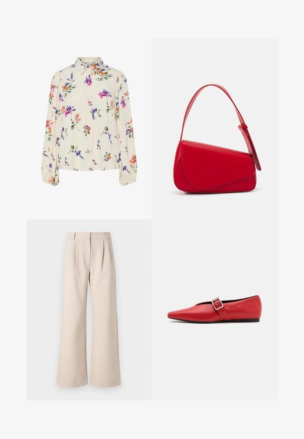Bluzka w kwiaty z długimi bufkami, w jasnym kremowym kolorze, z fioletowymi, pomarańczowymi i zielonymi wzorami kwiatowymi oraz klasycznym kołnierzykiem.; Beżowe spodnie z szerokimi nogawkami i plisowanym przodem, wykonane z lekkiego materiału. Charakteryzują się wysokim stanem i smukłym fasonem, zapewniając swobodny krój.; Czerwone skórzane baleriny z wąskim noskiem, z bocznym paskiem z metalowym klamrą i niskim czarnym obcasem. Gładka tekstura na całej powierzchni.; Czerwona skórzana torebka o kanciastym, geometrycznym designie. Posiada jedną regulowaną rączkę oraz zapięcie na klapę z przeszyciami.