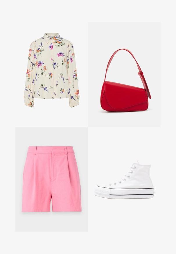 Virágmintás blúz hosszú puffos ujjakkal, világos krém alapon, lila, narancs és zöld virágmintázattal, klasszikus gallér dizájnnal.; Rózsaszín, sima tapintású pamut sort, pleat-ekkel, övvel és oldalsó zsebekkel a praktikum érdekében.; Fehér magaskorsó vászon sportcipő fekete gumi talppal, elülső gumi orrnyereggel és hat fűzőlyukkal, letisztult, minimalista dizájnnal.; Piros bőr kézitáska szögletes, geometrikus kialakítással. Egy állítható pánttal és varrott részletekkel ellátott fedélzárral rendelkezik.