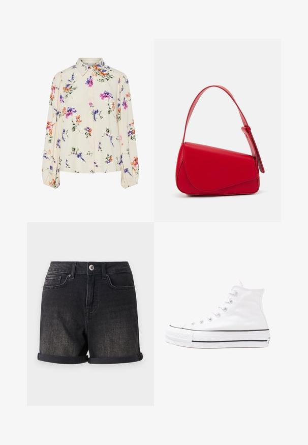 Lille kreemipehme lilleline pluus, millel on pikad puhvli varrukad, millel on lillad, oranžid ja rohelised lillemustrid ning klassikaline kaelus.; Mustad denimmitCowboylühikeste pükstega, millel on keeratud serv, viie tasku disain ja ees nööbiga sulgur. Kanga värv on veidi tuhm.; Valge kõrgem kangast tenniseking, millel on must kummist tald, ees kummist varvasetugi ja kuus aukku paelte jaoks, pakkudes puhta ja minimalistliku disaini.; Punane nahast käekott, millel on nurkadega geomeetriline disain. Omab ühte reguleeritavat rihma ja klappidega sulgemist, millel on õmblustega kaunistused.