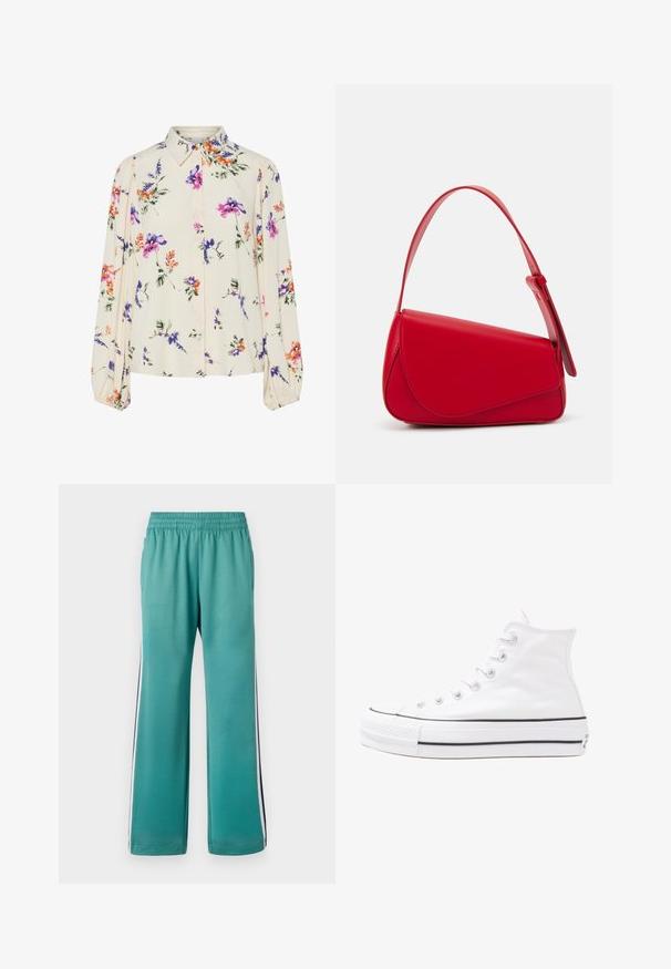 Blomstrete bluse med lange pufferm, lys kremfarge, med lilla, oransje og grønne blomster mønstre, og klassisk kragedesign.; Teal joggebukser med elastisk midje, vide ben og sidelister i marineblått og hvitt. Glatt stoff med matt finish.; Hvit høy-skinn kanvas sneakers med svart gummisåle, gummitåhette foran og seks hull for snorer, med et rent, minimalistisk design.; Rød lærveske med en vinklet, geometrisk design. Har en enkelt justerbar stropp og en klaffelukking med sydd detaljer.