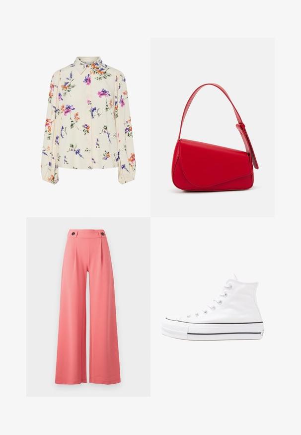 Blomstrete bluse med lange pufferm, lys kremfarge, med lilla, oransje og grønne blomster mønstre, og klassisk kragedesign.; Vide benbukser i korallfarge, med høy midje og to svarte knapper, laget av glatt stoff med en strukturert design.; Hvit høy-skinn kanvas sneakers med svart gummisåle, gummitåhette foran og seks hull for snorer, med et rent, minimalistisk design.; Rød lærveske med en vinklet, geometrisk design. Har en enkelt justerbar stropp og en klaffelukking med sydd detaljer.