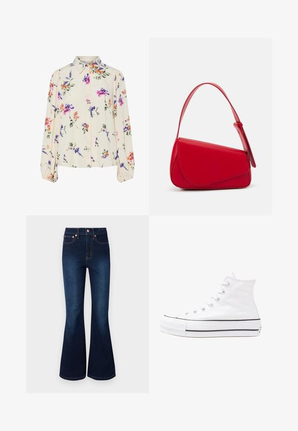 Gėlių bluzonas su ilgomis pūkuotomis rankovėmis, šviesiai kreminiu pagrindu, su violetiniais, oranžiniais ir žaliais gėlių raštais bei klasikiniu apykaklės dizainu.; Tamsiai mėlyni džinsai su platėjančiomis klešnėmis ir aukštu liemeniu, pagaminti iš džinsinio audinio. Yra bronzinio atspalvio metaliniai elementai ir klasikinis penkių kišenių dizainas. Sklandus paviršius.; Balti aukštakulniai drobės sportbačiai su juodu guminio pado, priekinio guminio piršto dangteliu ir šešiais akytėmis raištams, pasižymintys švariu, minimalistiniu dizainu.; Raudona odinė rankinė su kampuota, geometrine forma. Pasižymi viena reguliuojama dirželiu ir dangteliu su siuvinėtais dekoracijomis.