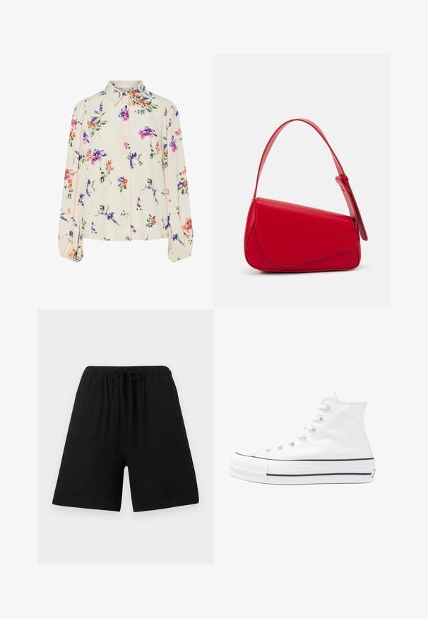 Virágmintás blúz hosszú puffos ujjakkal, világos krém alapon, lila, narancs és zöld virágmintázattal, klasszikus gallér dizájnnal.; Fekete vászon rövidnadrág, elasztikus derékkal és zsinórral. Egyenes szabású, térd hosszúságú, texturált anyagból készült, látható minták vagy díszítések nélkül.; Fehér magaskorsó vászon sportcipő fekete gumi talppal, elülső gumi orrnyereggel és hat fűzőlyukkal, letisztult, minimalista dizájnnal.; Piros bőr kézitáska szögletes, geometrikus kialakítással. Egy állítható pánttal és varrott részletekkel ellátott fedélzárral rendelkezik.