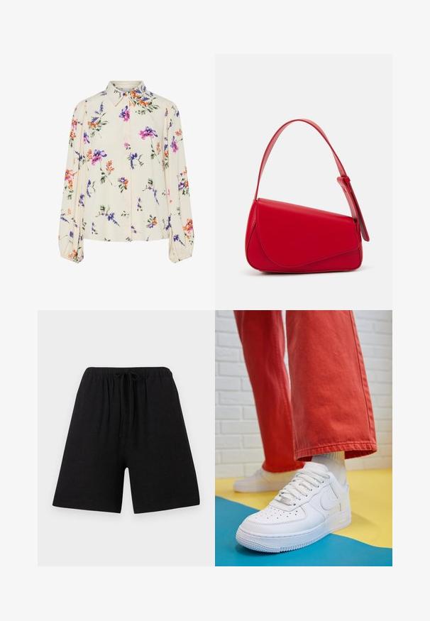 Blusa floreale con maniche puff lunghe, base di un chiaro crema, caratterizzata da motivi floreali in viola, arancione e verde, con un classico design del colletto.; Pantaloni corti neri in lino con vita elasticizzata e coulisse. Taglio dritto, lunghezza fino al ginocchio, tessuto testurizzato, senza motivi o accenti visibili.; Sneaker bianco in pelle con punta perforata, suola testurizzata e lacci bianchi, abbinati a pantaloni rossi larghi e uno sfondo blu e giallo.; Borsa a tracolla in pelle rossa con un design angolare e geometrico. Presenta una singola tracolla regolabile e una chiusura a patta con dettagli cuciti.