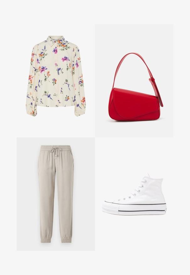 Kvetinová blúzka s dlhými puff rukávmi, svetlovo krémovej farby, so vzormi kvetov v purpurovej, oranžovej a zelenej farbe, a klasickým dizajnom goliera.; Svetlo béžové tepláky vyrobené z mäkkej textílie, s elastickým pásom na šnúrku, bočnými vreckami a elastickými manžetami.; Biele vysoké plátené tenisky s čiernou gumovou podošvou, prednou gumovou špičkou a šiestimi okami na šnúrky, s čistým, minimalistickým dizajnom.; Červená kožená kabelka s ostrým, geometrickým dizajnom. Má jeden nastaviteľný popruh a uzatváranie na klopu so šitím.