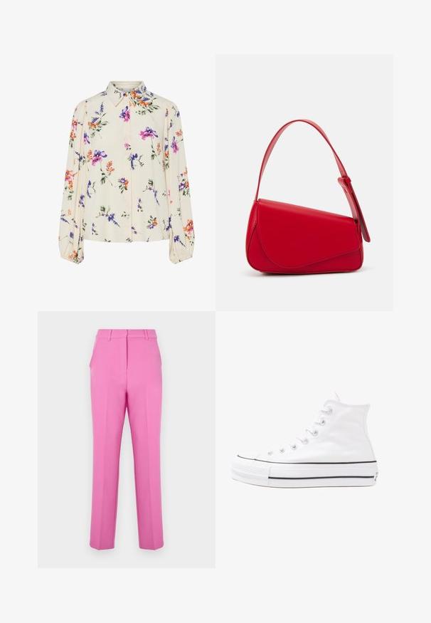 Kvetinová blúzka s dlhými puff rukávmi, svetlovo krémovej farby, so vzormi kvetov v purpurovej, oranžovej a zelenej farbe, a klasickým dizajnom goliera.; Ružové upravené nohavice s hladkým povrchom, plochým predným dielom a bočnými vreckami. Disponujú priamym strihom a pútkami na opasok.; Biele vysoké plátené tenisky s čiernou gumovou podošvou, prednou gumovou špičkou a šiestimi okami na šnúrky, s čistým, minimalistickým dizajnom.; Červená kožená kabelka s ostrým, geometrickým dizajnom. Má jeden nastaviteľný popruh a uzatváranie na klopu so šitím.