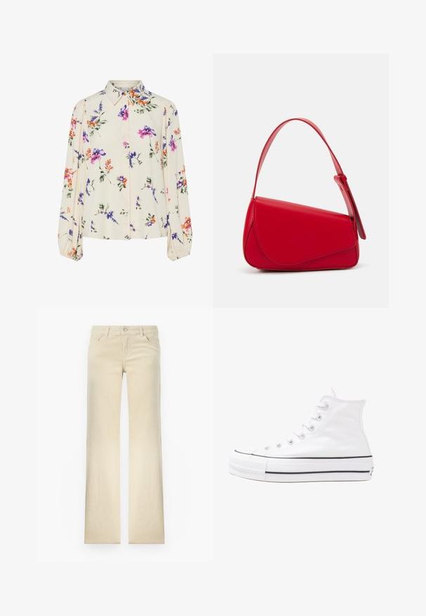 Lille kreemipehme lilleline pluus, millel on pikad puhvli varrukad, millel on lillad, oranžid ja rohelised lillemustrid ning klassikaline kaelus.; Beige sirged püksid, mis on valmistatud puuvillast, esipoolne nup closures, viis taskut ja minimaalne õmblemise detail.; Valge kõrgem kangast tenniseking, millel on must kummist tald, ees kummist varvasetugi ja kuus aukku paelte jaoks, pakkudes puhta ja minimalistliku disaini.; Punane nahast käekott, millel on nurkadega geomeetriline disain. Omab ühte reguleeritavat rihma ja klappidega sulgemist, millel on õmblustega kaunistused.