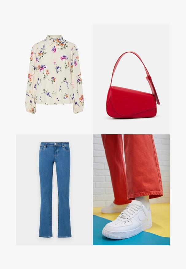 Floral blouse with long puff sleeves, light cream base, featuring purple, orange, and green floral patterns, and classic collar design.; Flared blue denim jeans with a classic five-pocket design. Medium-weight fabric with a smooth texture and stitching details along the seams.; White leather sneaker with perforated toe box, textured sole, and white laces, paired with wide red pants and a blue and yellow background.; Red leather handbag with an angular, geometric design. Features a single adjustable strap and a flap closure with stitched detailing.