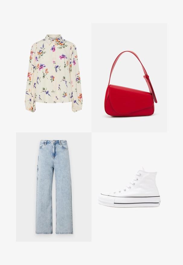 Ziedu blūze ar garām pūkām, gaiši krēmveida pamatne, ar purpursarkanām, oranžām un zaļām ziedu rakstiem, kā arī klasisko apkakles dizainu.; Gaišzili plaša kāja džinsi, izgatavoti no denima, ar pogu aizdari, jostas cilpām un priekšējām un aizmugurējām kabatām. Nedaudz noplukusi tekstūra.; Balti augstie kanvas sporta apavi ar melnu gumijas zoli, priekšējo gumijas purngalu un sešām acīm lencēm, kuriem ir tīrs, minimālistisks dizains.; Sarkans ādas rokassomi ar stūrainu, ģeometrisku dizainu. Iekļauj vienu regulējamu siksnu un vāku ar izšūtu detaļu.