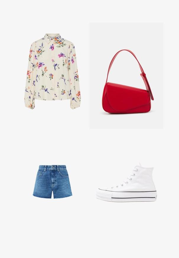 Ziedu blūze ar garām pūkām, gaiši krēmveida pamatne, ar purpursarkanām, oranžām un zaļām ziedu rakstiem, kā arī klasisko apkakles dizainu.; Gaiši zilas džinsa šorti, ar augstu jostasvietu, piecām kabatām, jostas cilpiņām un neapstrādātu apakšmalu. Audumam ir nedaudz izbalējusi izskats.; Balti augstie kanvas sporta apavi ar melnu gumijas zoli, priekšējo gumijas purngalu un sešām acīm lencēm, kuriem ir tīrs, minimālistisks dizains.; Sarkans ādas rokassomi ar stūrainu, ģeometrisku dizainu. Iekļauj vienu regulējamu siksnu un vāku ar izšūtu detaļu.