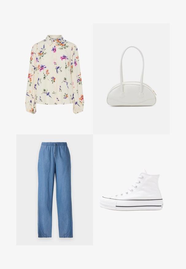 Blomstrete bluse med lange pufferm, lys kremfarge, med lilla, oransje og grønne blomster mønstre, og klassisk kragedesign.; Lyseblå, rette bukser laget av denim med elastisk midje og snor. Ingen synlige mønstre eller detaljer.; Hvit høy-skinn kanvas sneakers med svart gummisåle, gummitåhette foran og seks hull for snorer, med et rent, minimalistisk design.; Even&Odd Håndveske - off-white