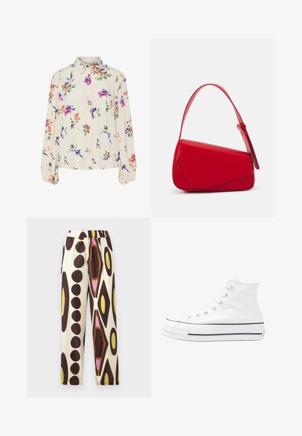 Floral blouse with long puff sleeves, light cream base, featuring purple, orange, and green floral patterns, and classic collar design.; Elastic-waist pants in lightweight fabric, featuring a cream background with large brown, yellow, pink, and orange geometric patterns.; White high-top canvas sneaker with black rubber sole, front rubber toe cap, and six eyelets for laces, featuring a clean, minimalist design.; Red leather handbag with an angular, geometric design. Features a single adjustable strap and a flap closure with stitched detailing.