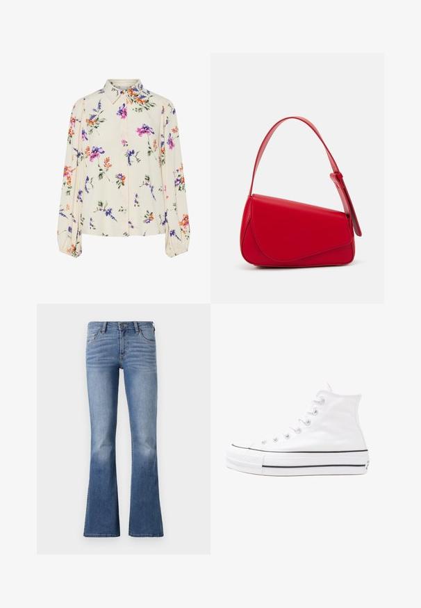 Cvetna bluzica z dolgimi puff rokavi, svetlo smetanaste barve, s purpurnimi, oranžnimi in zelenimi cvetličnimi vzorci ter klasičnim ovratnikom.; Razširjene modre kavbojke iz denima s srednjim pasom, z izbledenimi tkaninami in vidnimi šivi ob šivih.; Beli visoki platneni športni čevelj z črnim gumijastim podplatom, sprednjim gumijastim zaščitnikom za prste in šestimi luknjicami za vezalke, ki se ponaša s preprostim, minimalističnim dizajnom.; Rdeča usnjena torba z angularnim, geometrijskim dizajnom. Ima en samostoječ nastavljiv ročaj in pokrov, zaprt z zapiranjem, ki je okrašen s šivi.