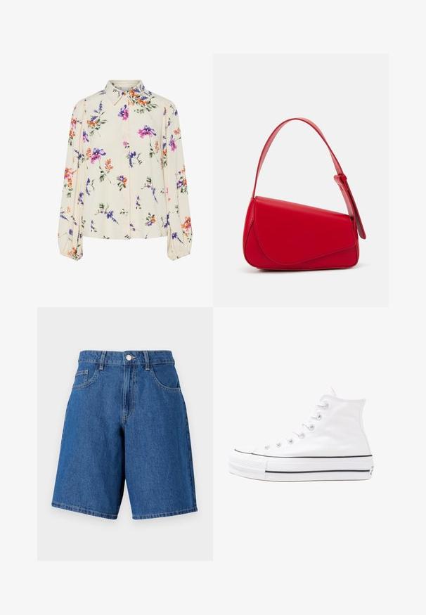 Ziedu blūze ar garām pūkām, gaiši krēmveida pamatne, ar purpursarkanām, oranžām un zaļām ziedu rakstiem, kā arī klasisko apkakles dizainu.; Denim šorti vidēji zilā krāsā, ar augstu jostasvietu, jostu cilpiņām, divām priekšējām kabatām un taisnu kāju griezumu ar izšuvumiem.; Balti augstie kanvas sporta apavi ar melnu gumijas zoli, priekšējo gumijas purngalu un sešām acīm lencēm, kuriem ir tīrs, minimālistisks dizains.; Sarkans ādas rokassomi ar stūrainu, ģeometrisku dizainu. Iekļauj vienu regulējamu siksnu un vāku ar izšūtu detaļu.