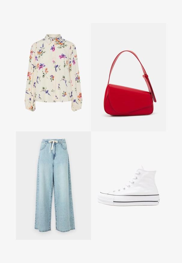 Blomstrete bluse med lange pufferm, lys kremfarge, med lilla, oransje og grønne blomster mønstre, og klassisk kragedesign.; Lyseblå vid ben jeans med elastisk midjebånd og snøring. Har tradisjonelle lommer og bleket denimstruktur.; Hvit høy-skinn kanvas sneakers med svart gummisåle, gummitåhette foran og seks hull for snorer, med et rent, minimalistisk design.; Rød lærveske med en vinklet, geometrisk design. Har en enkelt justerbar stropp og en klaffelukking med sydd detaljer.