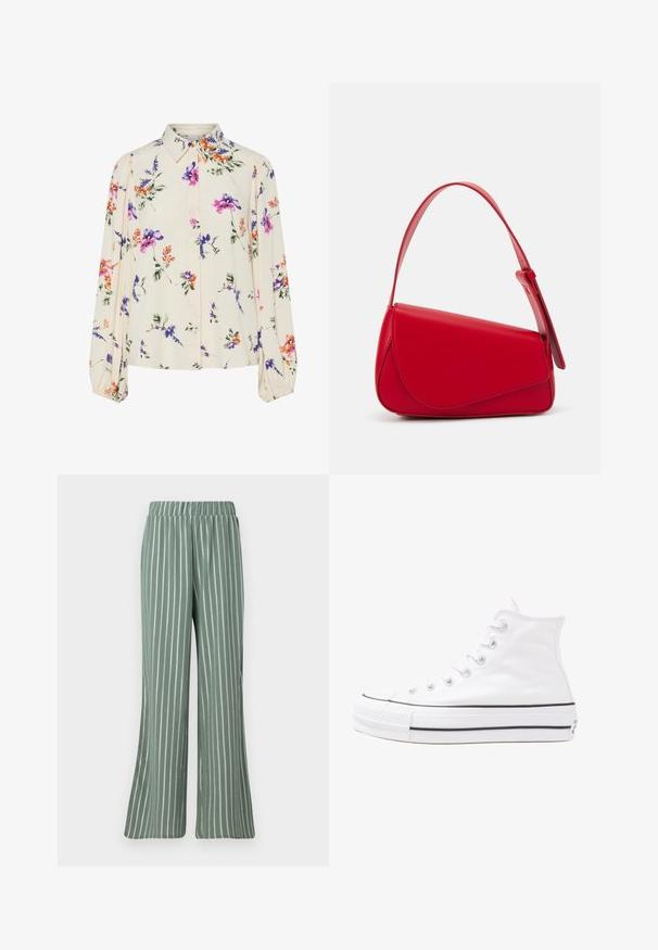 Blusa floral com mangas bufantes longas, base de creme claro, apresentando padrões florais em roxo, laranja e verde, e design de gola clássica.; Calças de tecido canelado em verde-claro, com riscas verticais brancas. Apresentam um cós elástico e um design de pernas largas.; Sapatilha alta de tela branca com sola de borracha preta, bico de borracha na frente e seis ilhós para os atacadores, apresentando um design limpo e minimalista.; Bolsa de mão em couro vermelho com um design angular e geométrico. Apresenta uma única alça ajustável e um fecho com aba, com detalhes cosidos.